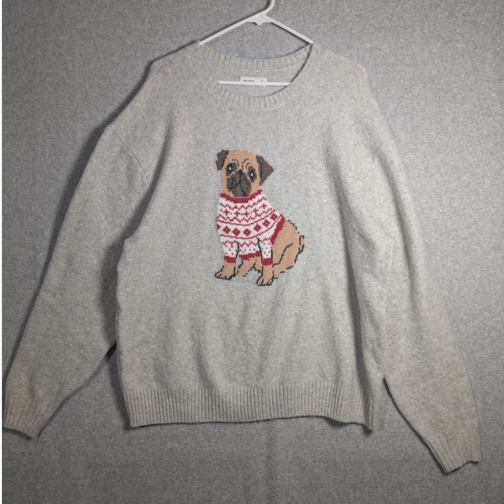 Hollister Crewneck Sweater Womens Medium Gray Pug Graphic Knit Oversized Cozy